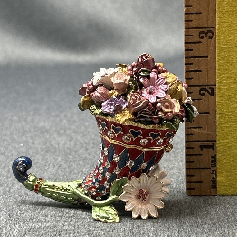 Enameled Cornucopia Mini Trinket Box Jeweled Floral Bouquet Rhinestone Hinged